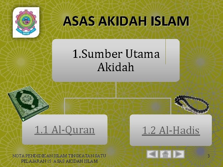ASAS AKIDAH ISLAM 1. Sumber Utama Akidah 1. 1 Al-Quran NOTA PENDIDIKAN ISLAM TINGKATAN