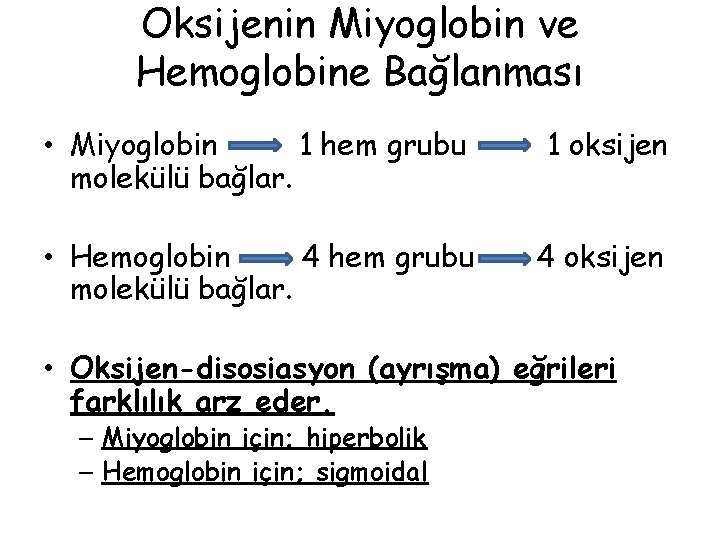 Oksijenin Miyoglobin ve Hemoglobine Bağlanması • Miyoglobin 1 hem grubu molekülü bağlar. 1 oksijen Oksijenin Miyoglobin ve Hemoglobine Bağlanması • Miyoglobin 1 hem grubu molekülü bağlar. 1 oksijen