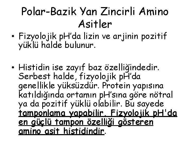 Polar-Bazik Yan Zincirli Amino Asitler • Fizyolojik p. H’da lizin ve arjinin pozitif yüklü Polar-Bazik Yan Zincirli Amino Asitler • Fizyolojik p. H’da lizin ve arjinin pozitif yüklü