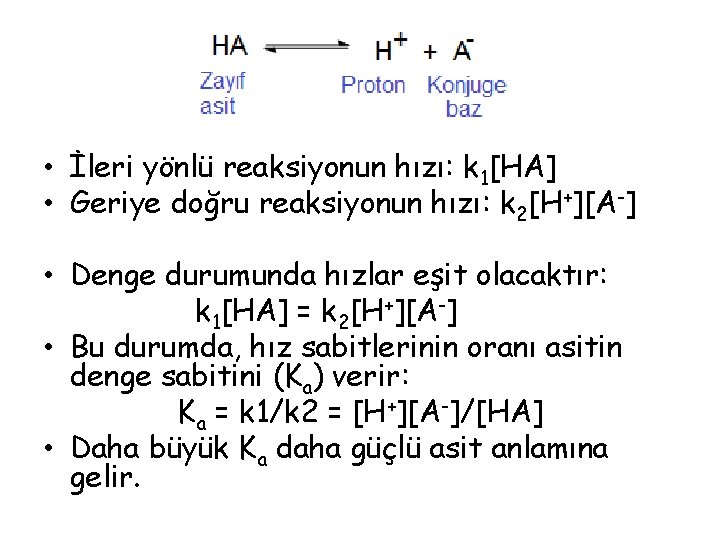  • İleri yönlü reaksiyonun hızı: k 1[HA] • Geriye doğru reaksiyonun hızı: k