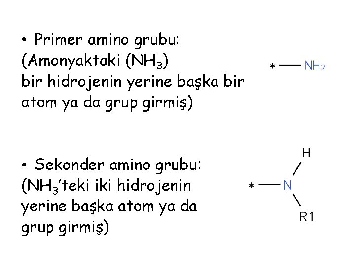 • Primer amino grubu: (Amonyaktaki (NH 3) bir hidrojenin yerine başka bir atom • Primer amino grubu: (Amonyaktaki (NH 3) bir hidrojenin yerine başka bir atom