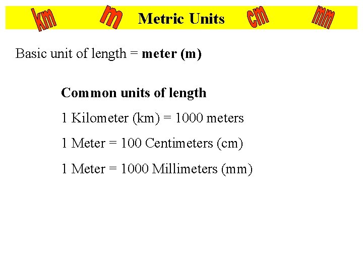 Metric Units Basic unit of length = meter (m) Common units of length 1