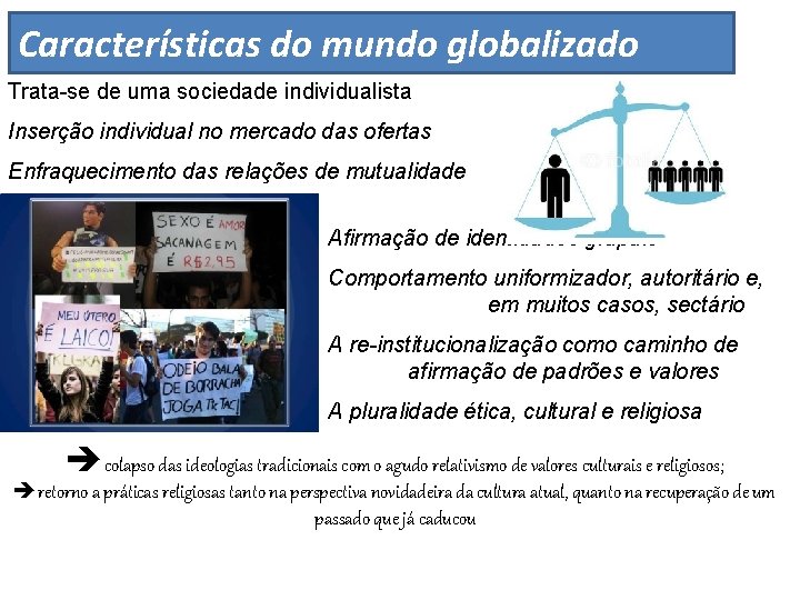 Características do mundo globalizado Trata-se de uma sociedade individualista Inserção individual no mercado das