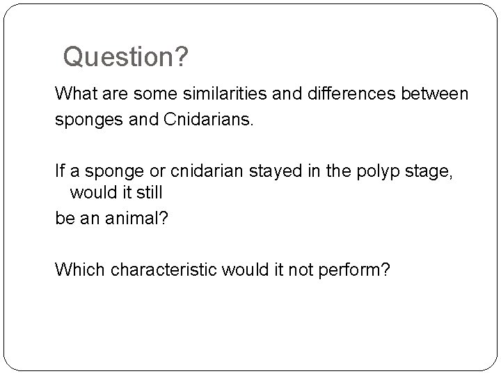 Question? What are some similarities and differences between sponges and Cnidarians. If a sponge