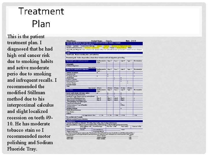 Treatment Plan This is the patient treatment plan. I diagnosed that he had high