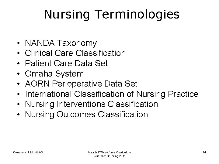 Nursing Terminologies • • NANDA Taxonomy Clinical Care Classification Patient Care Data Set Omaha