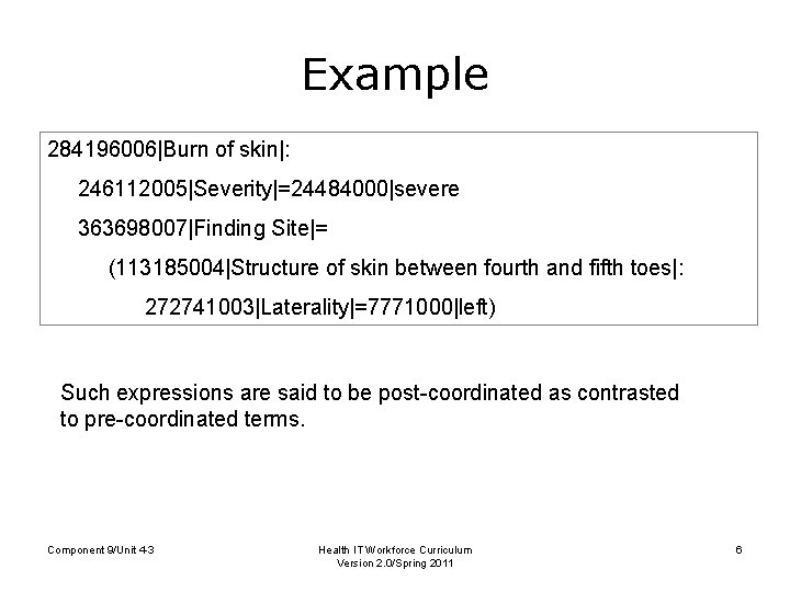 Example 284196006|Burn of skin|: 246112005|Severity|=24484000|severe 363698007|Finding Site|= (113185004|Structure of skin between fourth and fifth