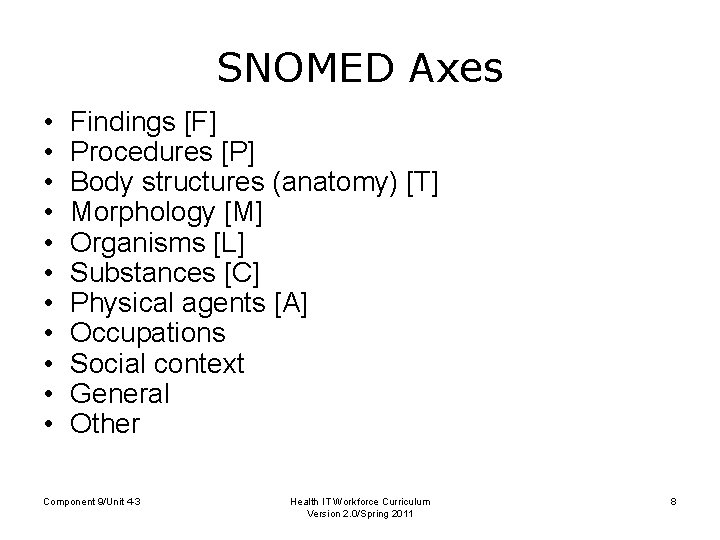 SNOMED Axes • • • Findings [F] Procedures [P] Body structures (anatomy) [T] Morphology