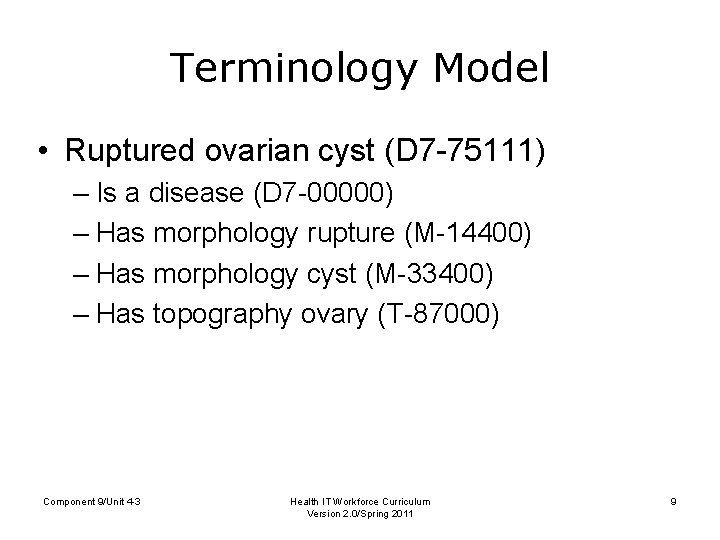 Terminology Model • Ruptured ovarian cyst (D 7 -75111) – Is a disease (D