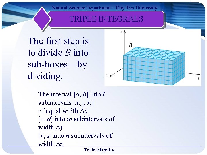 Natural Science Department – Duy Tan University TRIPLE INTEGRALS The first step is to