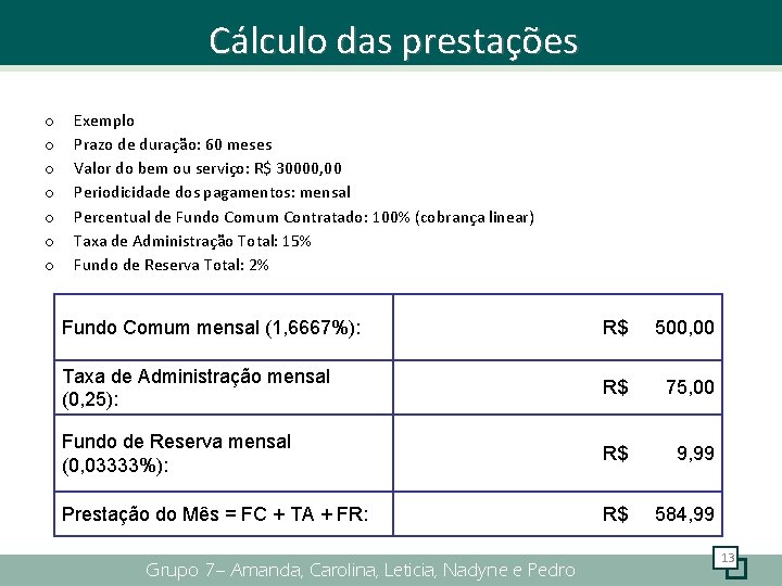 Cálculo das prestações o o o o Exemplo Prazo de duração: 60 meses Valor