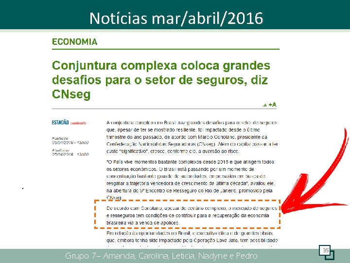 Notícias mar/abril/2016 . Grupo 7– Amanda, Carolina, Leticia, Nadyne e Pedro 35 