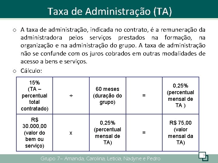 Taxa de Administração (TA) o A taxa de administração, indicada no contrato, é a