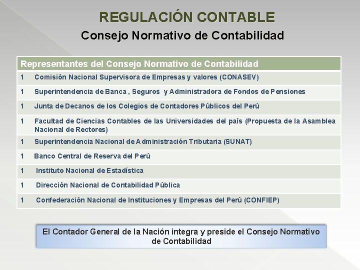 REGULACIÓN CONTABLE Consejo Normativo de Contabilidad Representantes del Consejo Normativo de Contabilidad 1 Comisión