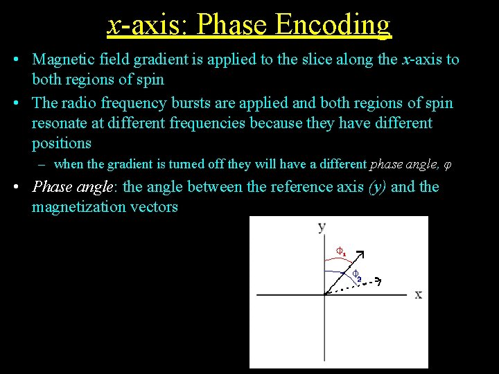 x-axis: Phase Encoding • Magnetic field gradient is applied to the slice along the