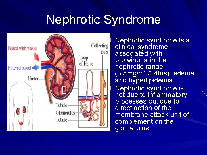 Nephrotic Syndrome Nephrotic syndrome Is a clinical syndrome associated with proteinuria in the nephrotic