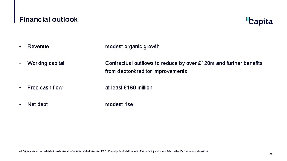 Financial outlook • Revenue modest organic growth • Working capital Contractual outflows to reduce