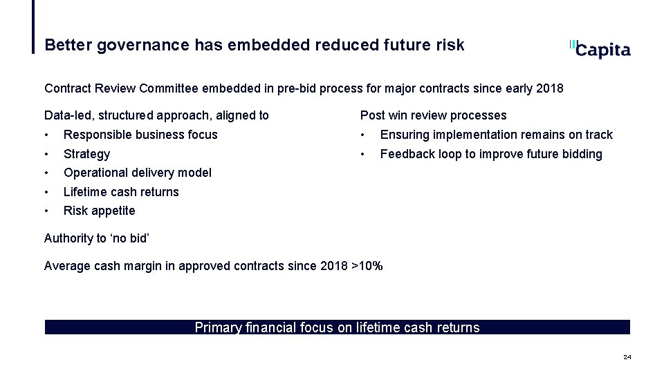 Better governance has embedded reduced future risk Contract Review Committee embedded in pre-bid process