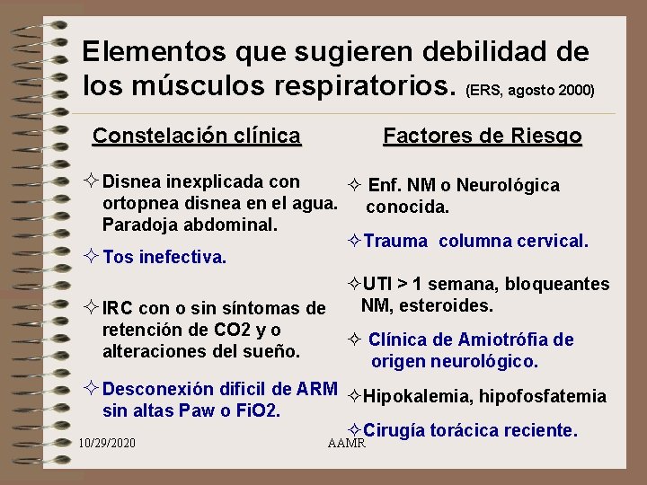 Elementos que sugieren debilidad de los músculos respiratorios. (ERS, agosto 2000) Constelación clínica Factores