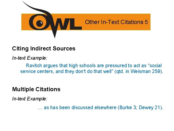 Other In-Text Citations 5 Citing Indirect Sources In-text Example: Ravitch argues that high schools