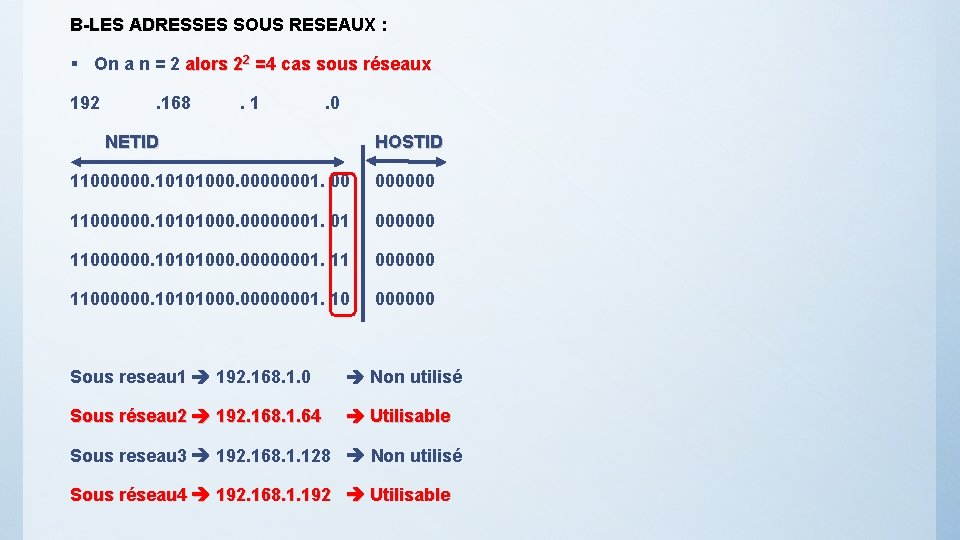 B-LES ADRESSES SOUS RESEAUX : § On a n = 2 alors 22 =4