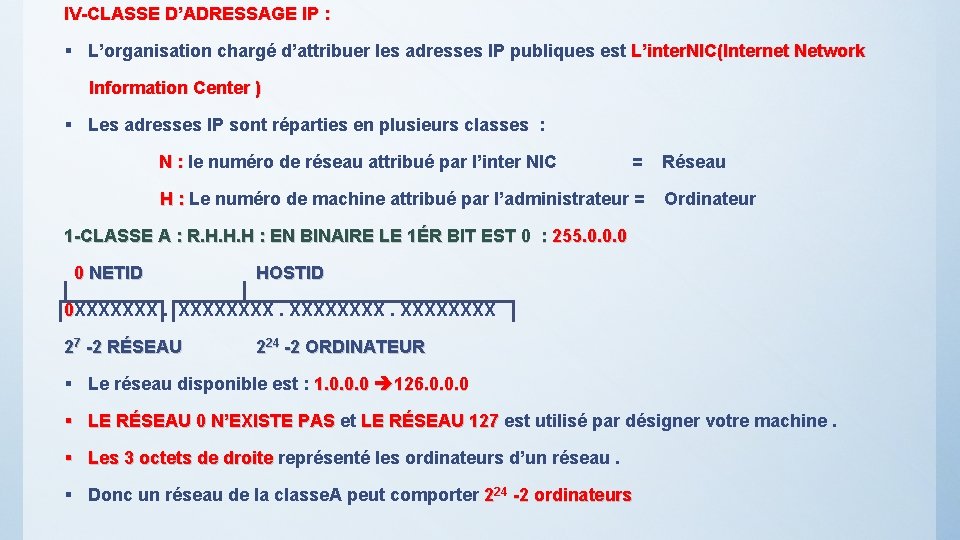 IV-CLASSE D’ADRESSAGE IP : § L’organisation chargé d’attribuer les adresses IP publiques est L’inter.