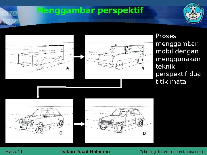 Menggambar perspektif Proses menggambar mobil dengan menggunakan teknik perspektif dua titik mata Hal. :