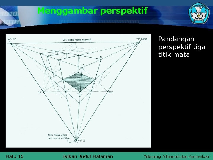 Menggambar perspektif Pandangan perspektif tiga titik mata Hal. : 15 Isikan Judul Halaman Teknologi