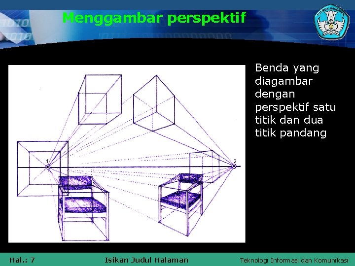 Menggambar perspektif Benda yang diagambar dengan perspektif satu titik dan dua titik pandang Hal.