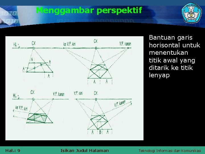 Menggambar perspektif Bantuan garis horisontal untuk menentukan titik awal yang ditarik ke titik lenyap