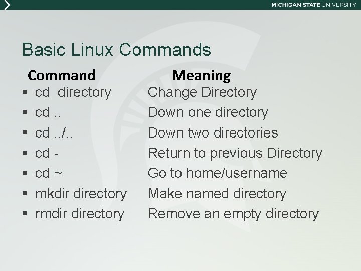 Basic Linux Commands Command § § § § cd directory cd. . /. .