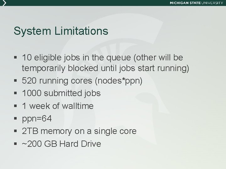 System Limitations § 10 eligible jobs in the queue (other will be temporarily blocked