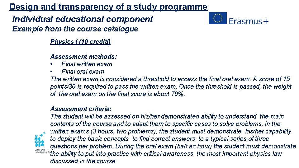 Design and transparency of a study programme Individual educational component Example from the course