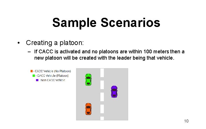 Sample Scenarios • Creating a platoon: – If CACC is activated and no platoons