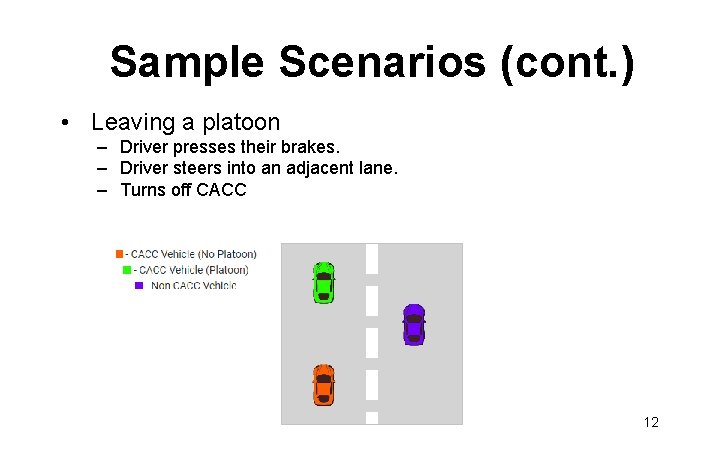 Sample Scenarios (cont. ) • Leaving a platoon – Driver presses their brakes. –