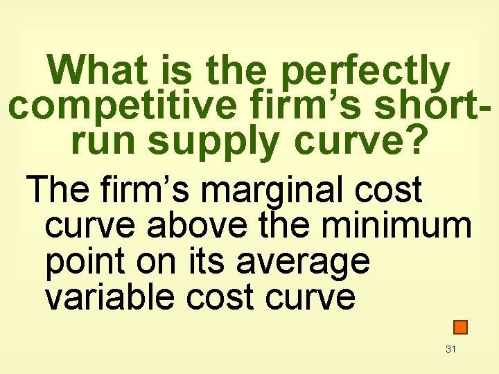 What is the perfectly competitive firm’s shortrun supply curve? The firm’s marginal cost curve