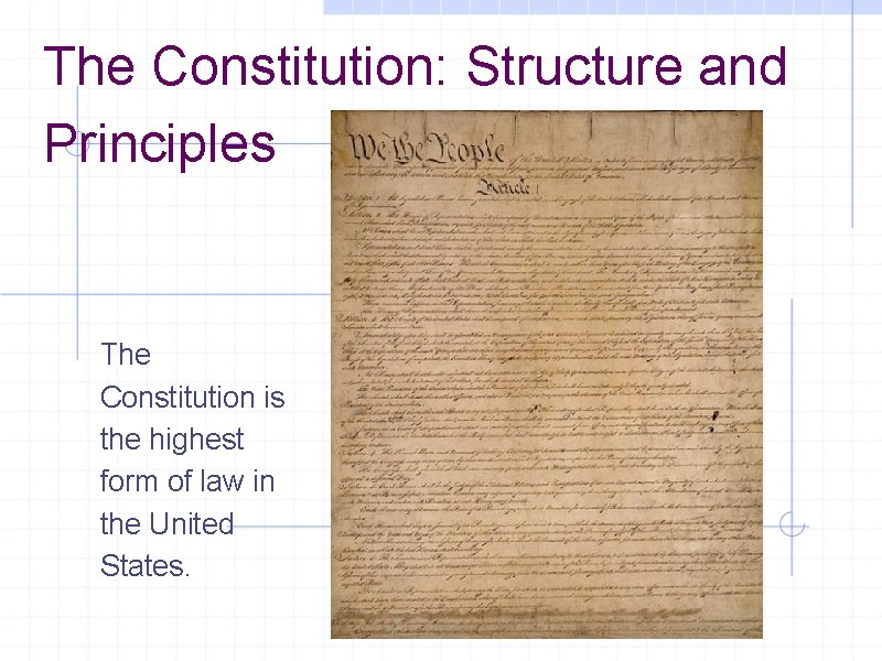 The Constitution: Structure and Principles The Constitution is the highest form of law in