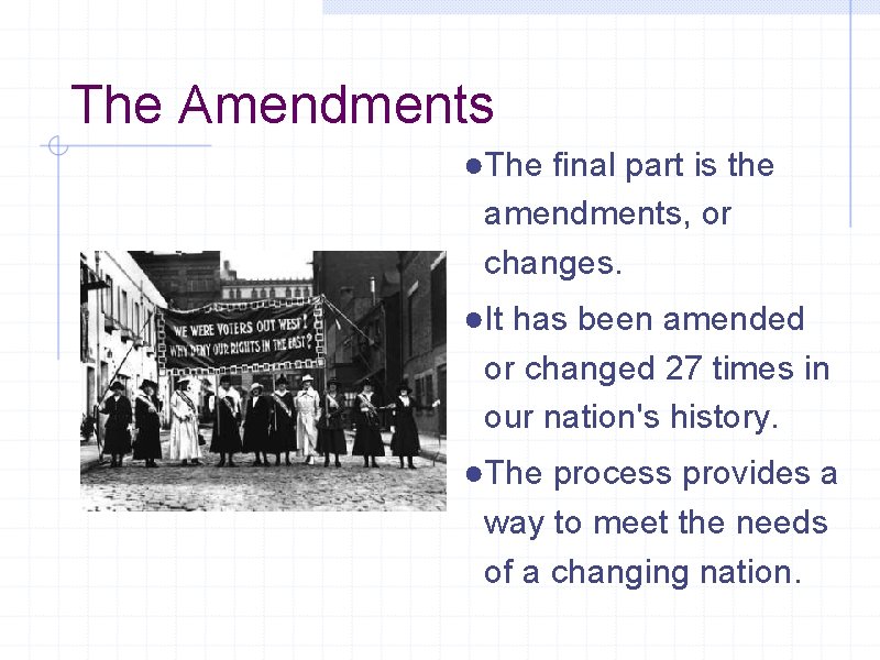 The Amendments ●The final part is the amendments, or changes. ●It has been amended