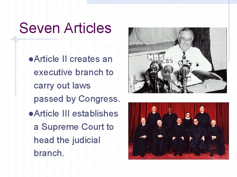 Seven Articles ●Article II creates an executive branch to carry out laws passed by