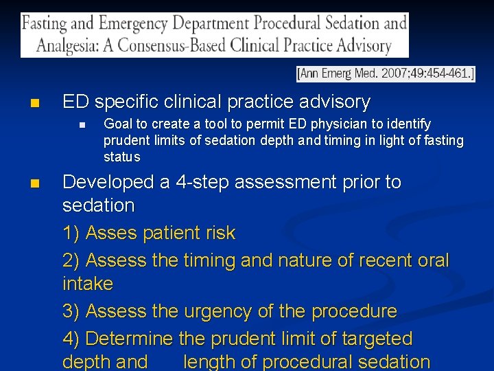 n ED specific clinical practice advisory n n Goal to create a tool to