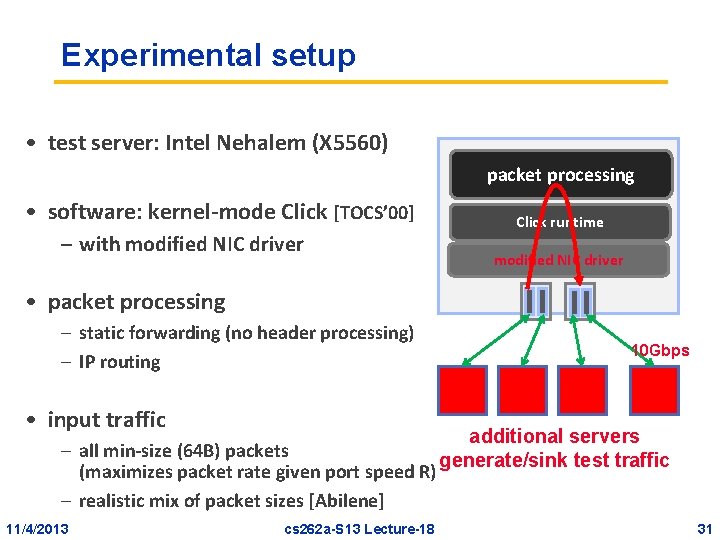Experimental setup • test server: Intel Nehalem (X 5560) cores mem packet • software: Experimental setup • test server: Intel Nehalem (X 5560) cores mem packet • software:
