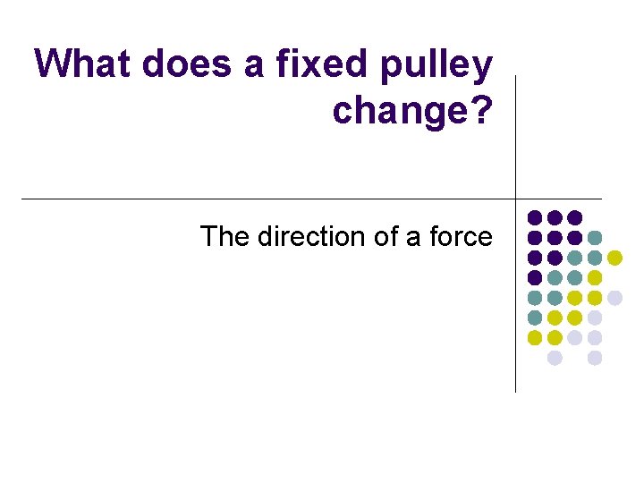 What does a fixed pulley change? The direction of a force What does a fixed pulley change? The direction of a force