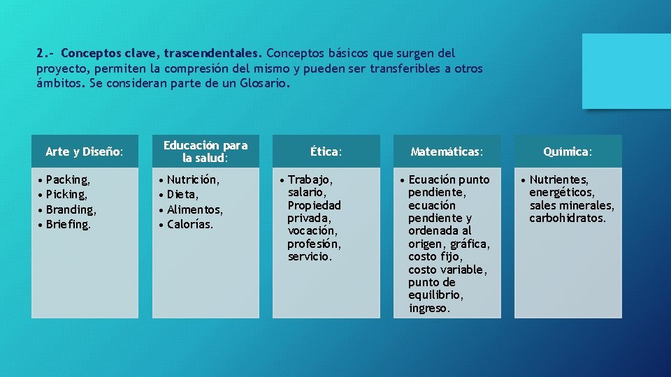 2. - Conceptos clave, trascendentales. Conceptos básicos que surgen del proyecto, permiten la compresión