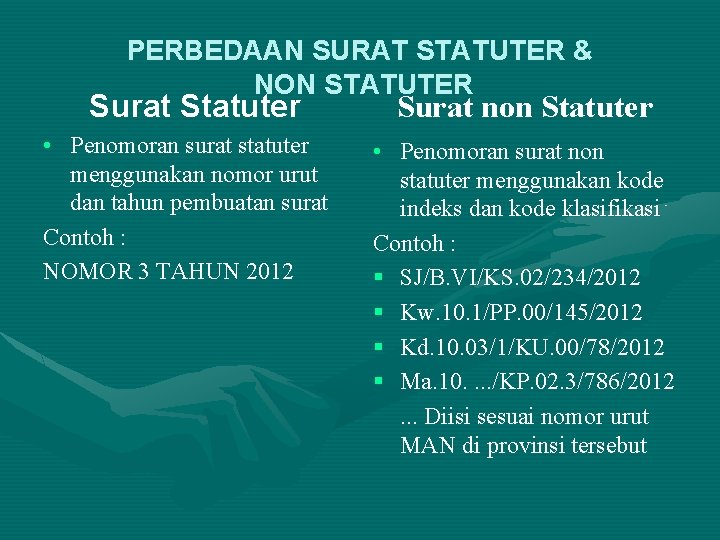 PERBEDAAN SURAT STATUTER & NON STATUTER Surat Statuter • Penomoran surat statuter menggunakan nomor