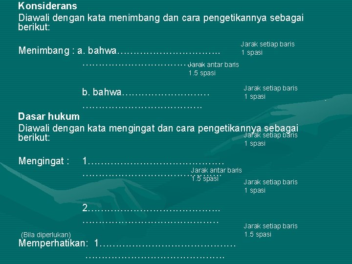 Konsiderans Diawali dengan kata menimbang dan cara pengetikannya sebagai berikut: Menimbang : a. bahwa…………….