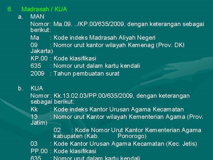 6. Madrasah / KUA a. MAN Nomor : Ma. 09. . . /KP. 00/635/2009,