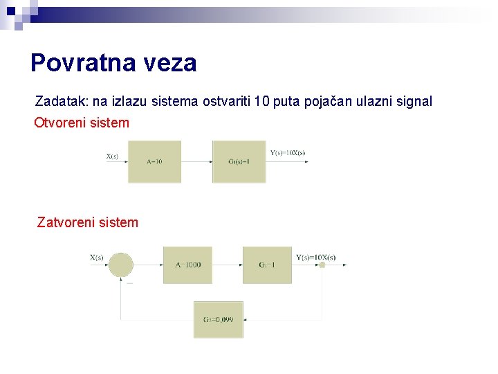 Povratna veza Zadatak: na izlazu sistema ostvariti 10 puta pojačan ulazni signal Otvoreni sistem