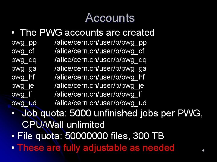 Accounts • The PWG accounts are created pwg_pp pwg_cf pwg_dq pwg_ga pwg_hf pwg_je pwg_lf