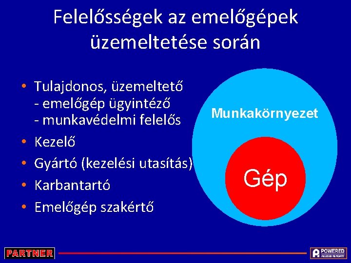 Felelősségek az emelőgépek üzemeltetése során • Tulajdonos, üzemeltető - emelőgép ügyintéző - munkavédelmi felelős