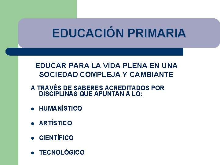 EDUCACIÓN PRIMARIA EDUCAR PARA LA VIDA PLENA EN UNA SOCIEDAD COMPLEJA Y CAMBIANTE A